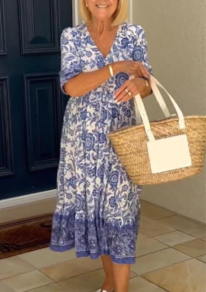 Abito svasato in cotone con scollo a V e stampa floreale Camilla™